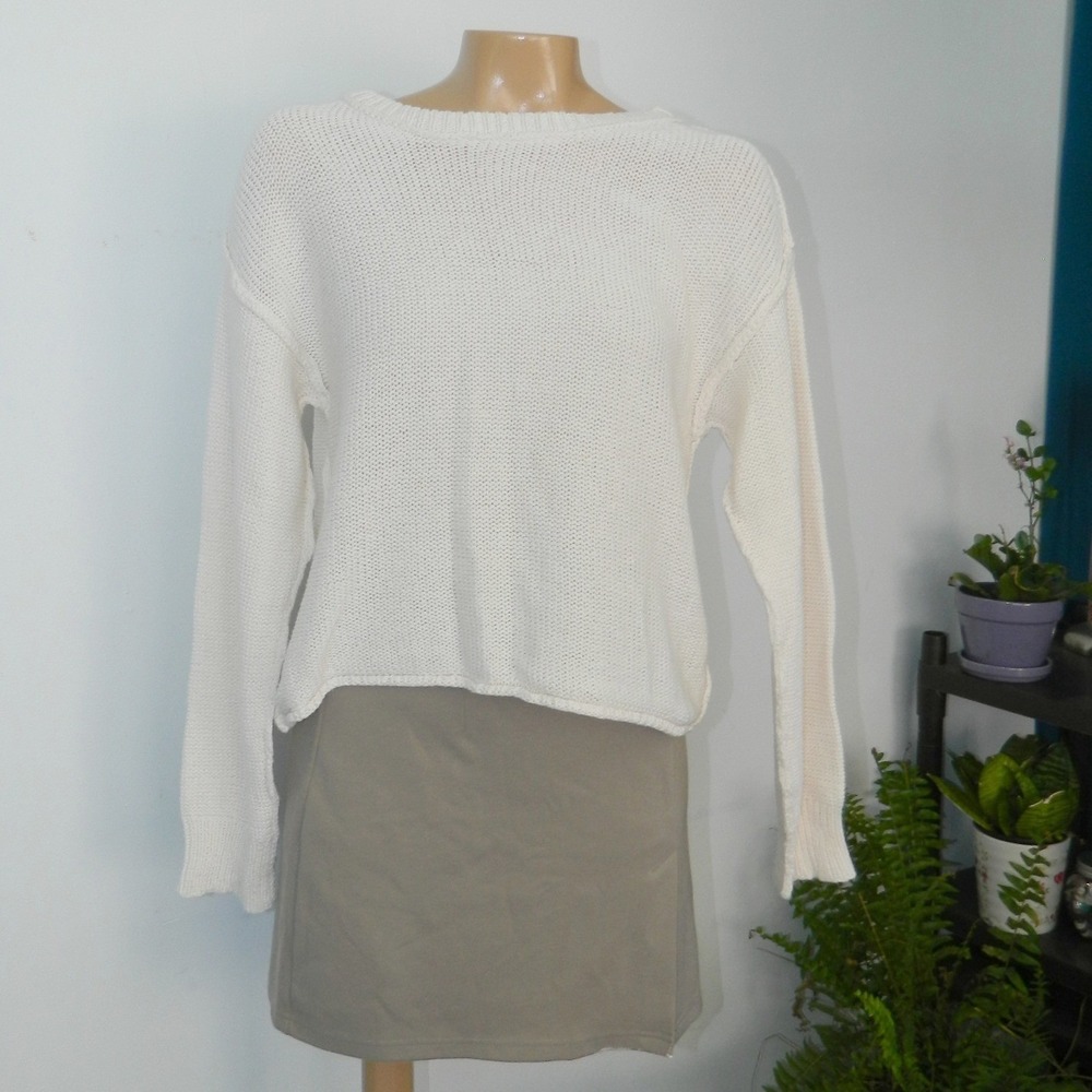 By Together Sweater Womens Small Cream White Cotton Exposed Seam Crew Neck